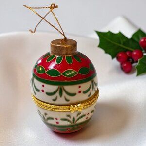 Vintage Floral Festive Porcelain Egg Trinket Box  Hinged Keepsake Jewelry Holder